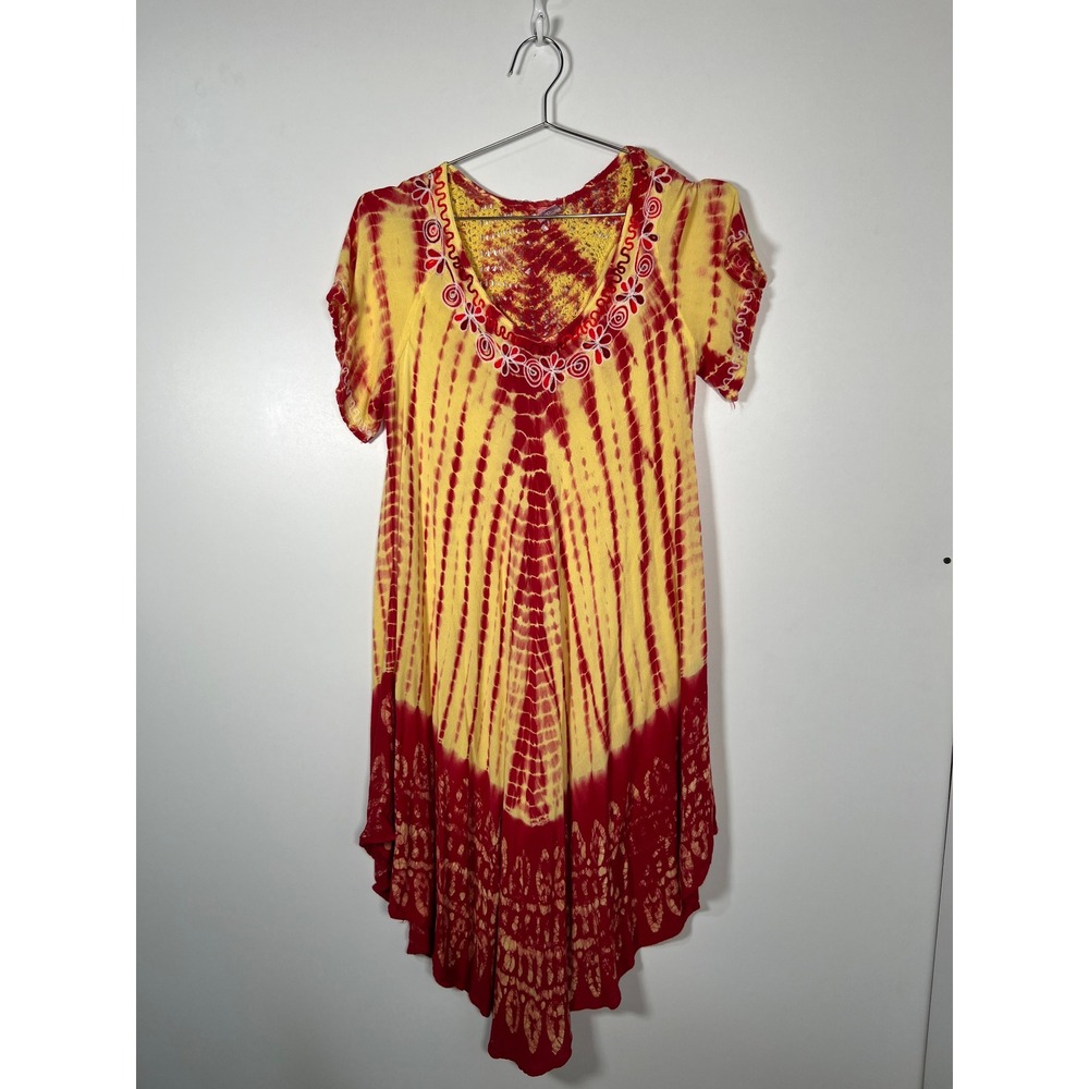 Hippie Chic Tie Dye Tunic Dress Red Yellow Boho Crochet Embroidered Short Sleeve